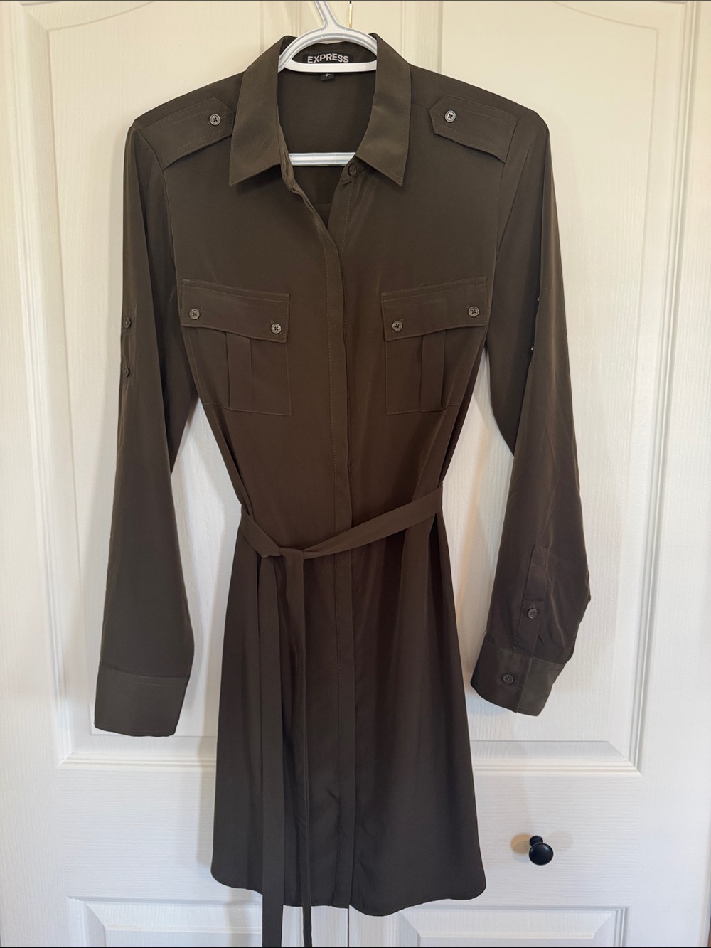 Express Olive Utility Shirt Dress with Waist Tie